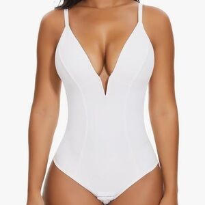 SHAPERIN Deep V Neck Double Lined Plunge Tummy Control Shapewear Thong Body Suit